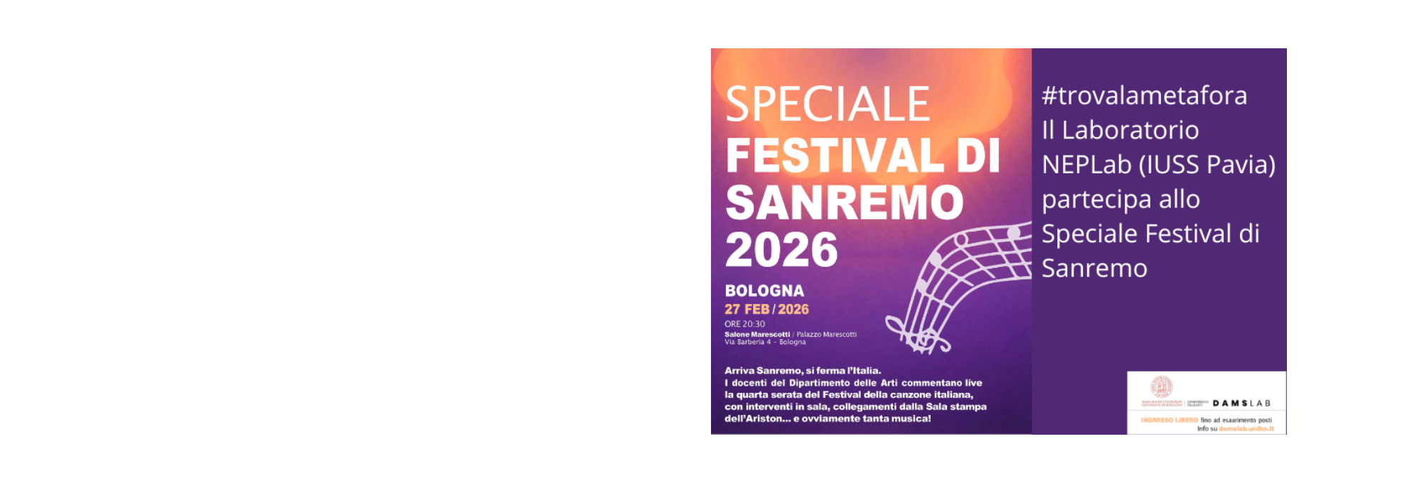 #TROVALAMETAFORA. Il Laboratorio NEPLab (IUSS PAVIA) partecipa allo "Speciale Festival di Sanremo 2026"